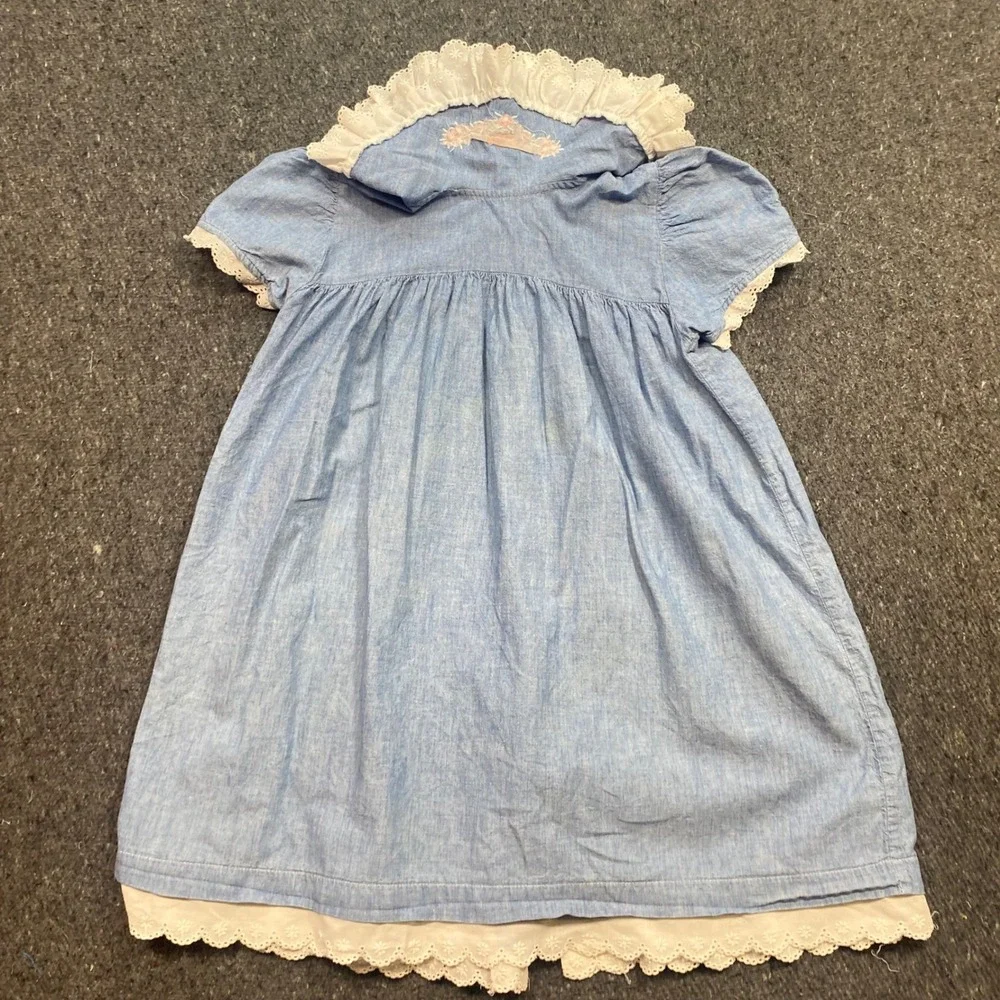 OshKosh Dress Sz 6 Girls Blue Boho 90s Eyelet Lace Trim Chambray Made in USA